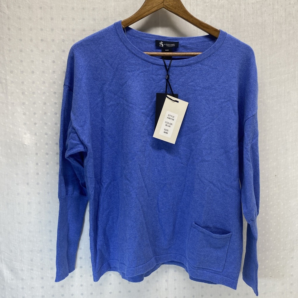 Alison‎ Sheri Sweater Blue Patch Pocket Boxy Size M Velvet Button Detail
